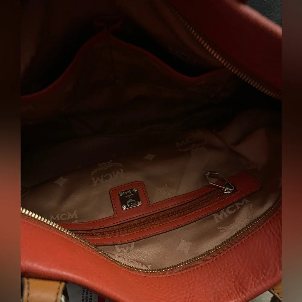 MCM Orange Embossed Leather Medium Two-way Bag W/ Detachable Strap EUC